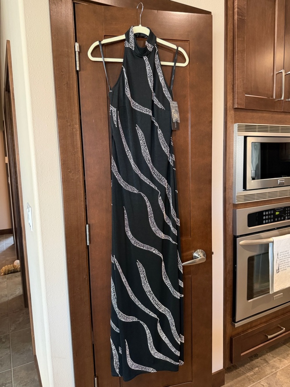 NEW Black Halter Maxi Dress with White Wave Beading